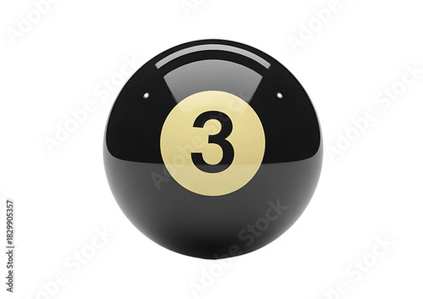 Fototapeta Shiny black pool ball with number three in light gold circle on transparent background realistic 3d render isolated object