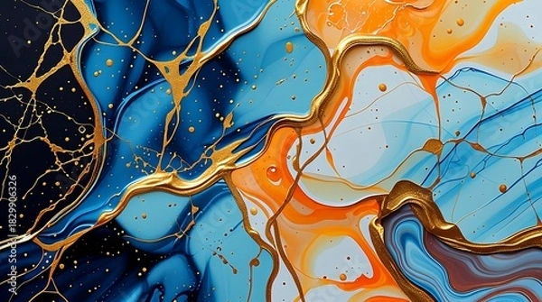 Fototapeta Abstract fluid art with swirling blues oranges and gold accents creating a luxurious marble effect