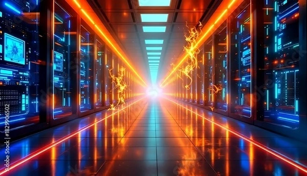 Fototapeta Futuristic data center corridor with glowing blue and orange lights and dynamic energy flow, high-tech.