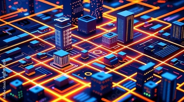 Obraz Futuristic neon cityscape with glowing circuits and abstract architecture