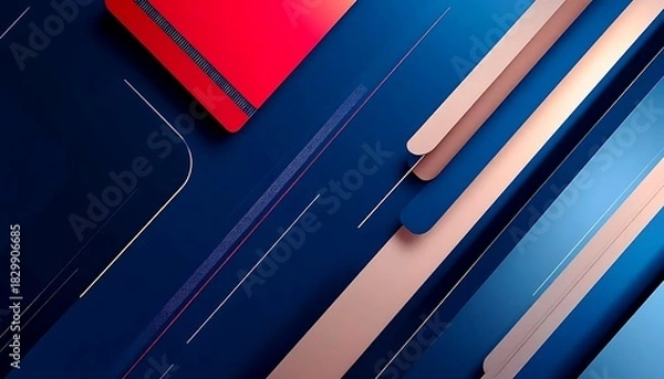 Fototapeta Modern abstract geometric background with layered blue, red, and beige shapes, lines, and gradients creating a dynamic digital design.