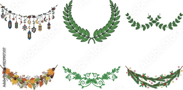 Fototapeta Set of six festive christmas garlands and wreaths isolated on transparent background, perfect for holiday decorations
