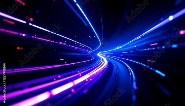 Fototapeta Abstract digital light trails in a dark tunnel representing speed technology and futuristic travel with vibrant blue and purple hues