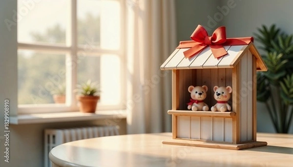 Fototapeta Wooden house with teddy bears as a festive gift on a sunny table with copy space
