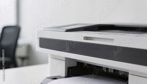 Fototapeta Close-up of a modern printer in an office environment with copy space