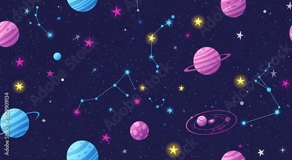 Obraz Vibrant Cosmic Galaxy with Planets and Stars Seamless Pattern.