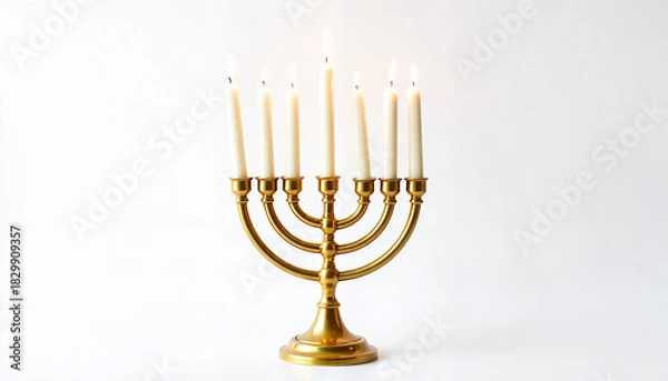 Fototapeta Shining menorah with lit candles for Hanukkah on a white background with copy space