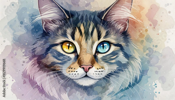 Fototapeta Colorful portrait of a cat with heterochromia in a watercolor style with copy space