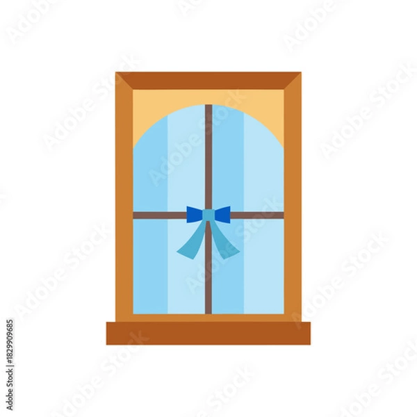 Obraz Illustration of a window with a blue ribbon bow tie on transparent background