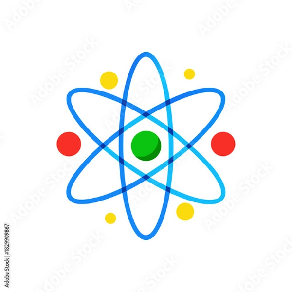 Obraz Atom model with blue orbits and colorful particles on transparent background