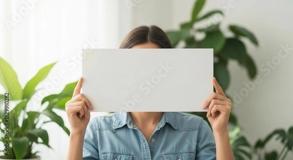 Obraz Woman holding blank white sign covering face for message text