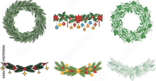 Fototapeta Collection of six festive christmas garlands isolated on transparent background, perfect for adding a touch of holiday cheer to any design