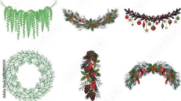 Fototapeta Set of festive green garlands and wreaths isolated on transparent background, perfect for holiday decorations