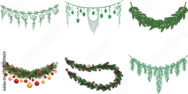 Fototapeta Collection of six different christmas wreaths and garlands isolated on transparent background for holiday decoration