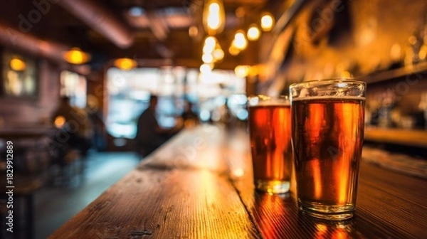 Obraz Close-up of beer glasses on a rustic wooden bar with blurred tavern interior and warm glow.