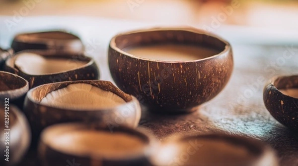 Obraz Close-up of wooden kava bowl with coconut shell cups, showcasing indigenous Pacific beverage tradition.