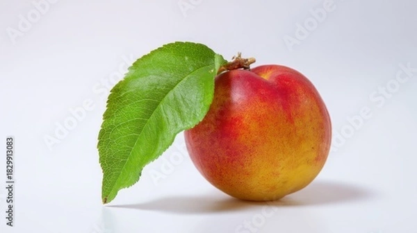 Obraz A single ripe peach with a leaf on a clean white background, highlighting the freshness of the fruit. menu design.