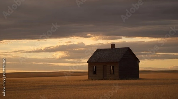 Obraz Under the warm sunset glow, a lonely hut on the vast grassland. Inspiring travel planning, travel magazine