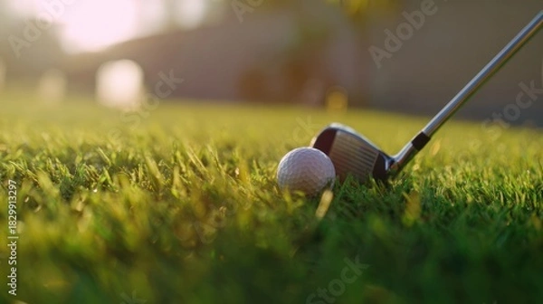 Fototapeta Golf putter positioned beside a ball on vibrant fairway grass, capturing a calm moment before the swing.
