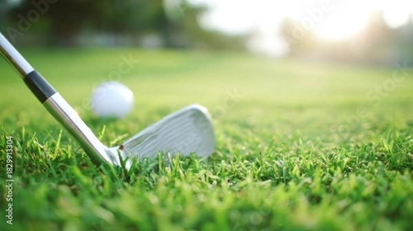 Fototapeta Golf club resting on lush green grass with a ball nearby, highlighting the sport's essence. event key visuals, club posters, designed for sports event promotions and stadium branding.