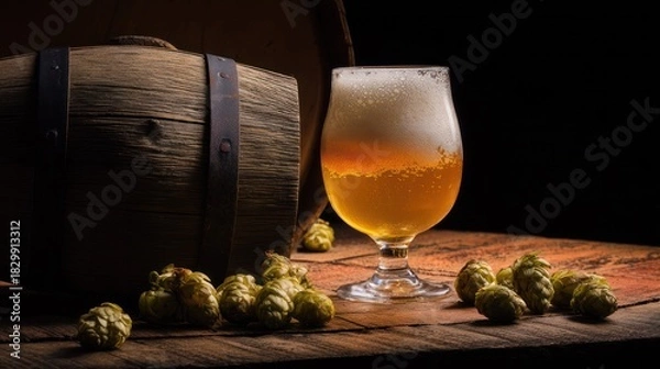 Obraz A frosted beer glass is surrounded by wooden barrels and hop cones in a cozy tavern setting. bar promotions, beverage menus, designed for product packaging and bar promotions.