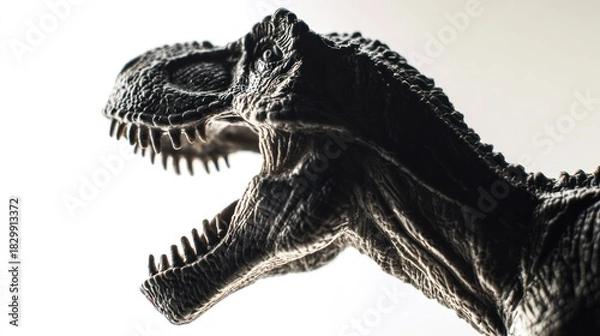 Obraz Detailed T-Rex figurine close-up on white background with dramatic lighting to enhance texture. wildlife magazines, conservation campaigns, designed for eco-tourism storytelling.