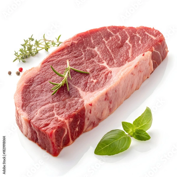 Fototapeta Raw camel meat slice isolated on a white background showcasing fresh high-protein culinary ingredient