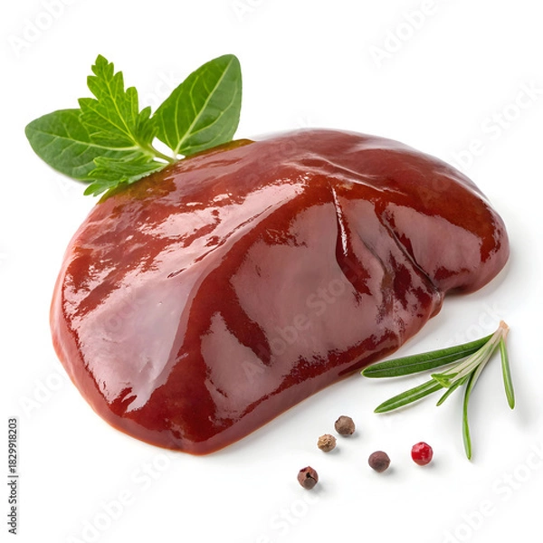 Fototapeta Raw chicken liver single piece isolated on white background presenting fresh poultry ingredient rich in protein for cooking, recipes,