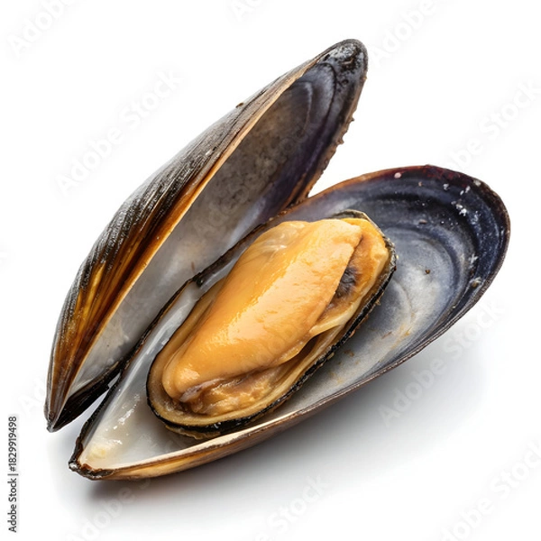 Fototapeta Raw mussel in a single unopened shell isolated on white background showcasing fresh seafood ingredient for cooking, recipes,