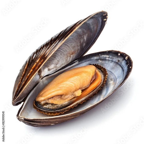 Fototapeta Raw mussel in a single unopened shell isolated on white background showcasing fresh seafood ingredient for cooking, recipes,