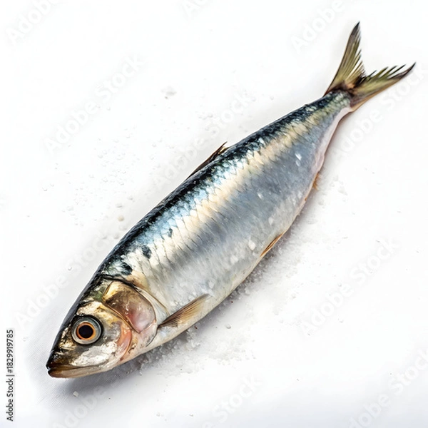 Fototapeta Raw sardine single fish isolated on white background showcasing fresh seafood ingredient ideal for cooking, recipes, healthy meals,