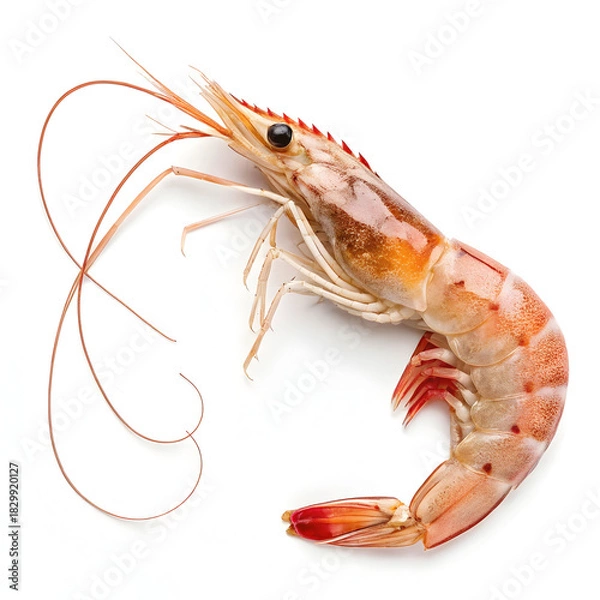 Fototapeta Raw single shrimp isolated on white background showcasing fresh seafood ingredient ideal for cooking, recipes, gourmet dishes,