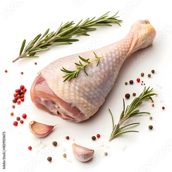 Fototapeta Raw turkey drumstick isolated on white background showcasing fresh poultry ingredient ideal for cooking, roasting, recipes,