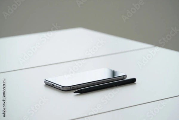 Obraz Smartphone and Stylus Lying on White Surface Seen Up Close With Grey Background in Gentle Studio Lighting Offering Clean Business Mockup