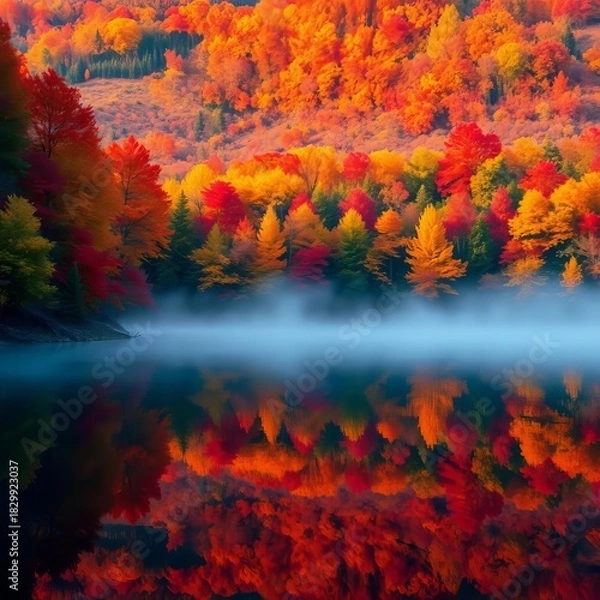 Fototapeta Mist gently rises from a serene lake reflecting the vibrant reds, oranges, and yellows of surrounding autumn trees,  season,  woodland
