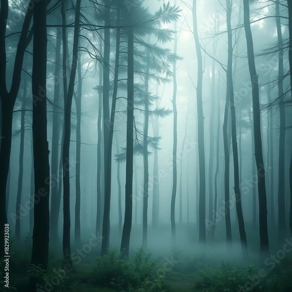 Fototapeta Misty forest trees icon, atmospheric, deep woods, nature scene, digital painting,  trees,  woods