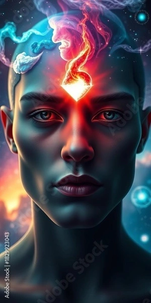 Fototapeta Mystical visage, cosmic nebula, stellar glow on brow,  starry sky,  cosmic dust