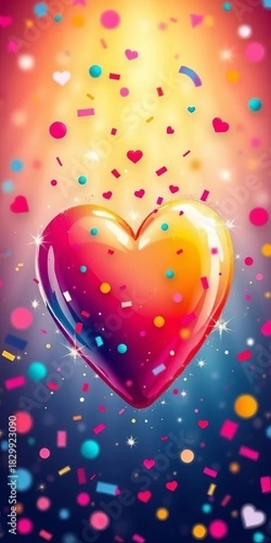 Fototapeta Playful, vibrant heart graphic with confetti and sparkles, radiating joy and love,  playful,  energy