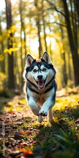 Fototapeta Playful Siberian husky running through a sun-dappled forest, pure joy in motion ,  vibrant,  playful