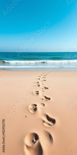Fototapeta Footprints on a sandy beach leading towards the ocean,  exploration,  pattern