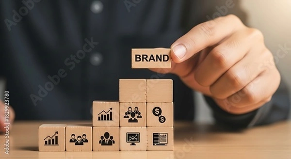 Fototapeta Businessman holding a wooden block with the word brand on top of a growth chart made of blocks, symbolizing brand building and success