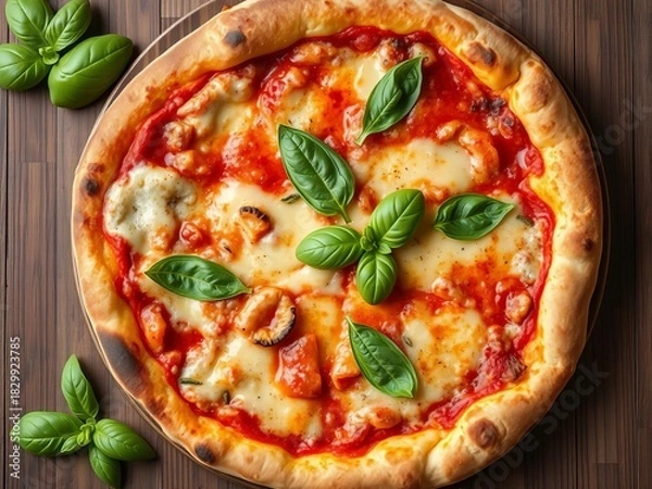 Obraz Gourmet pizza slice with fresh basil and melted cheese, overhead view,  appetite,  restaurant
