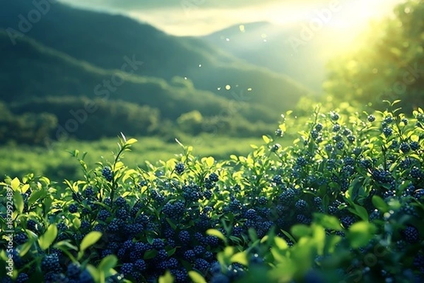 Obraz Sunrise over endless blueberry bushes high resolution picture