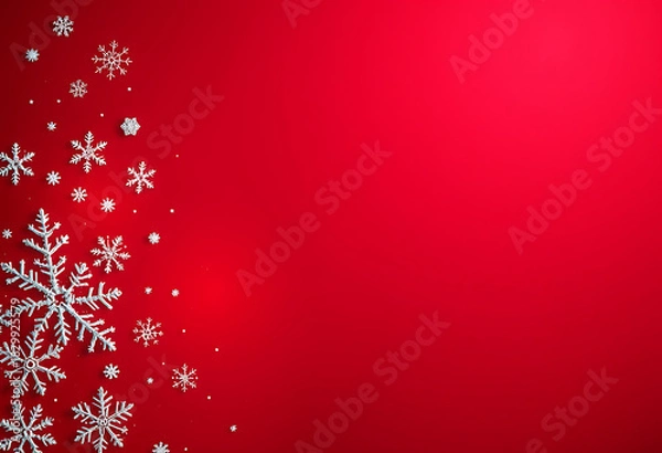 Fototapeta Festive red background with shimmering snowflakes scattered on the left side isolated on transparent background