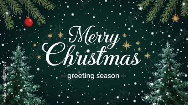 Fototapeta Elegant merry christmas greeting with snowfall and evergreen branches