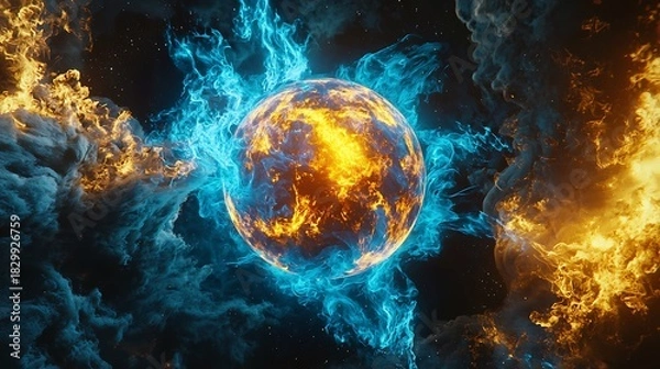 Obraz Blue molten planet engulfed by flames high resolution picture