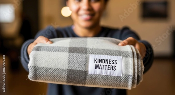 Fototapeta Kindness matters with soft blanket held by smiling person offering cozy gift. Kindness matters to everyone, so offer this fluffy material as present of comfort.
