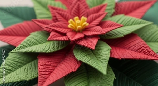 Fototapeta A close-up of a single, beautiful poinsettia flower, meticulously crafted from different shades of red and green textured paper.
