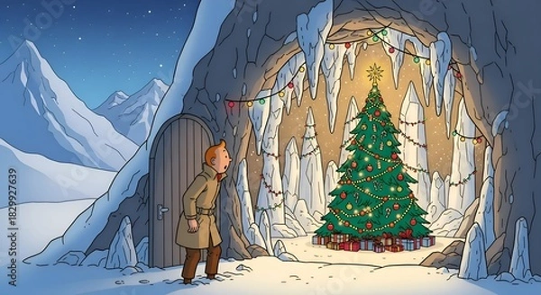 Fototapeta Cartoon character discovering Christmas tree in icy cave scene  