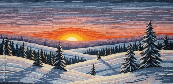 Fototapeta A festive wall hanging, created in a weaving loom animation style, where a winter landscape with a setting sun is woven from different colored yarns.
